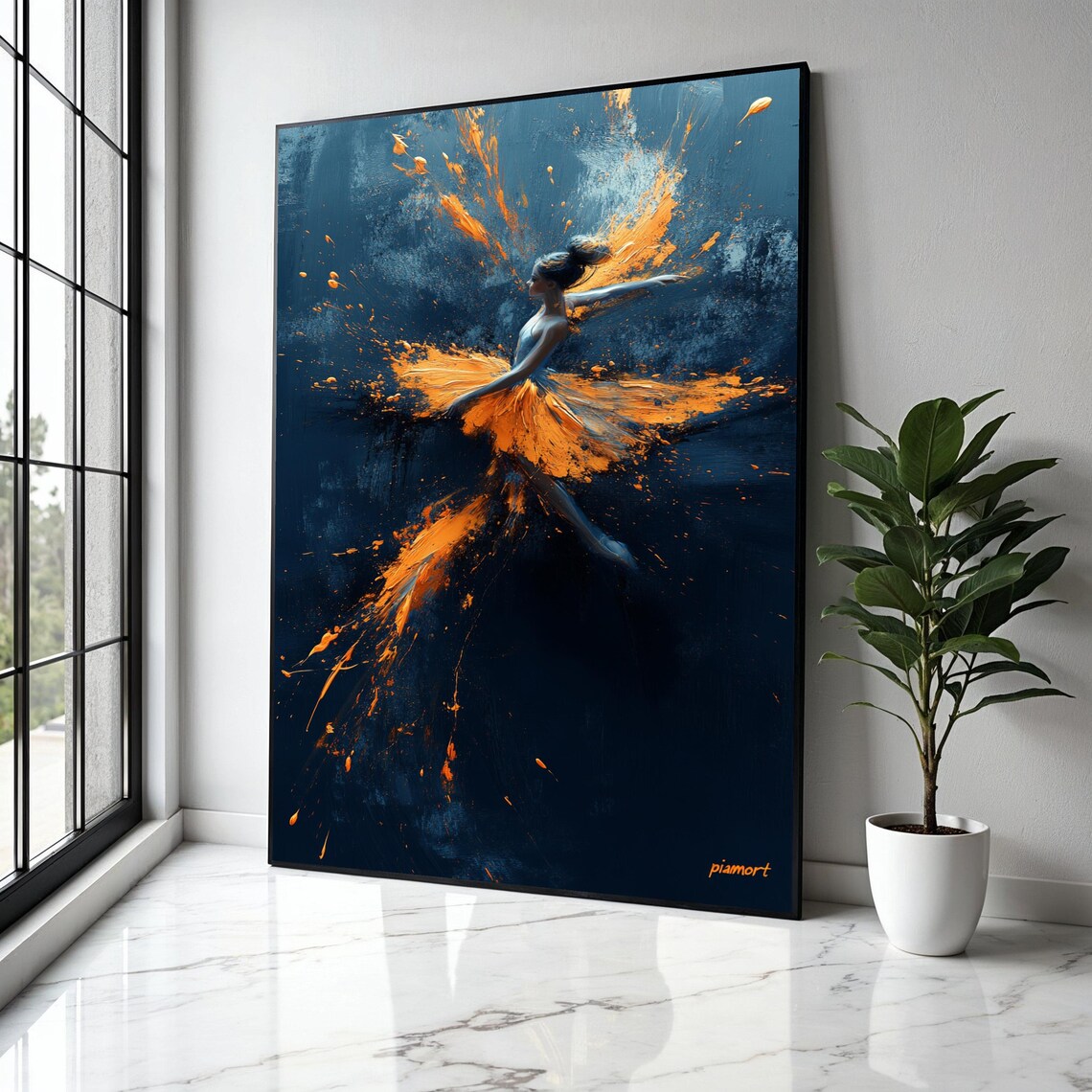 Dynamic Ballerina Dance Orange Splash Dark Blue Abstract Painting Poster