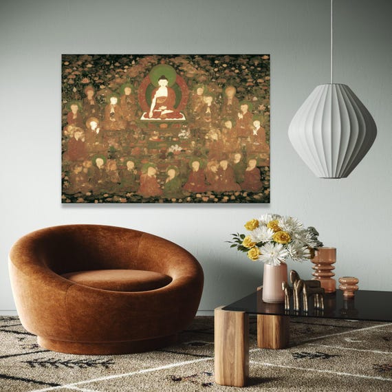 Serene Buddha Amidst Disciples Canvas Ancient Buddhist Art Reproduction Spiritual Meditation Wall Zen Gift Home Decor Print