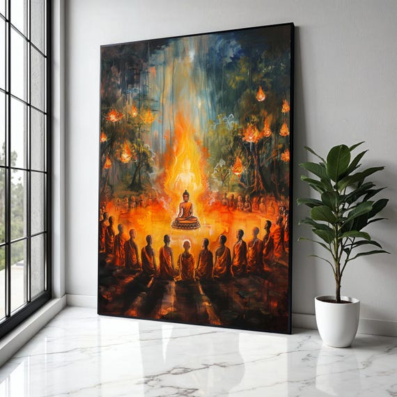Enlightened Buddha Meditation Spiritual Circle Canvas Wall Art Glowing Flame Aura Monks Gathering Zen Gift Home Decor Print