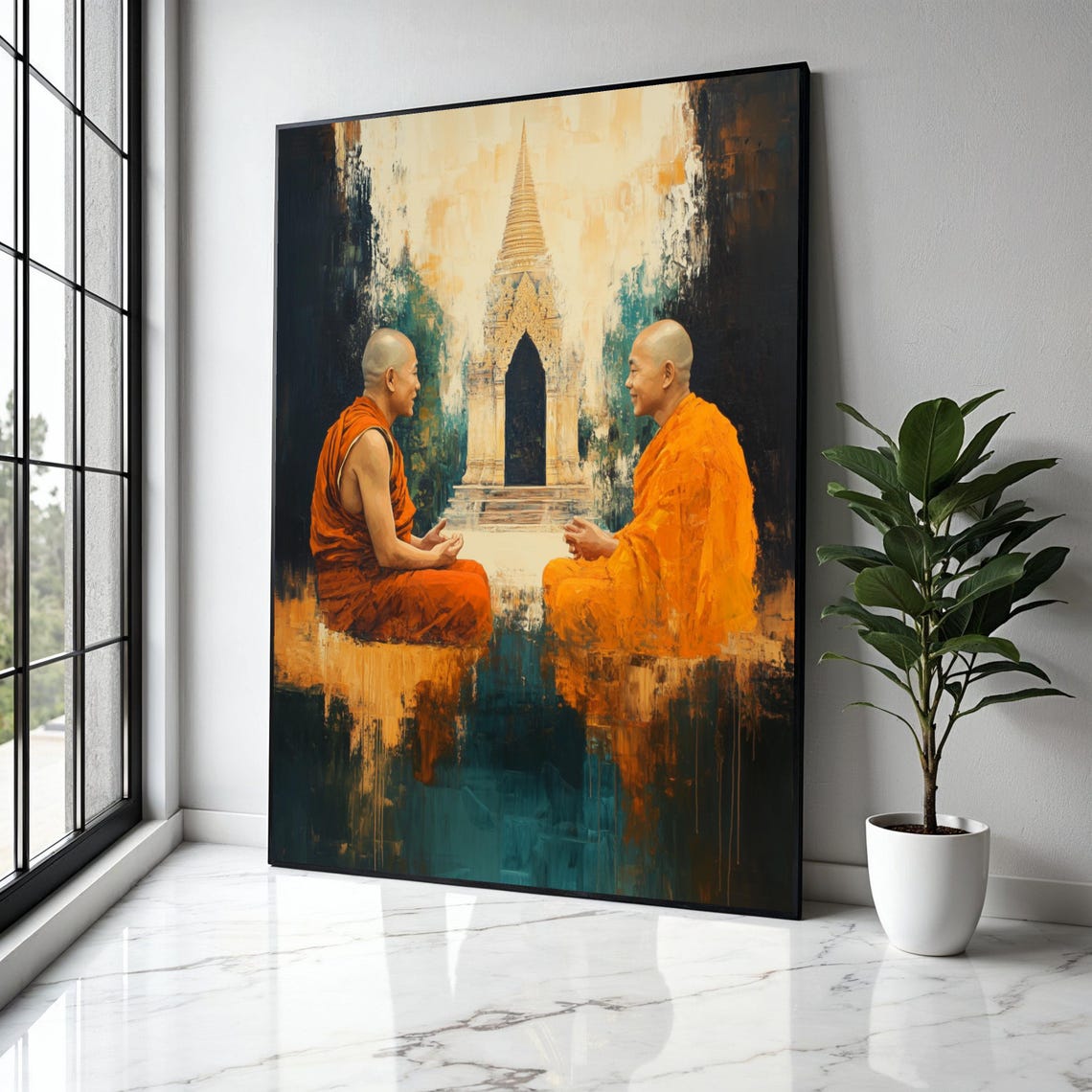 Two Monks Temple Talk Orange Robes Stupa Buddhist Spiritual Art Poster