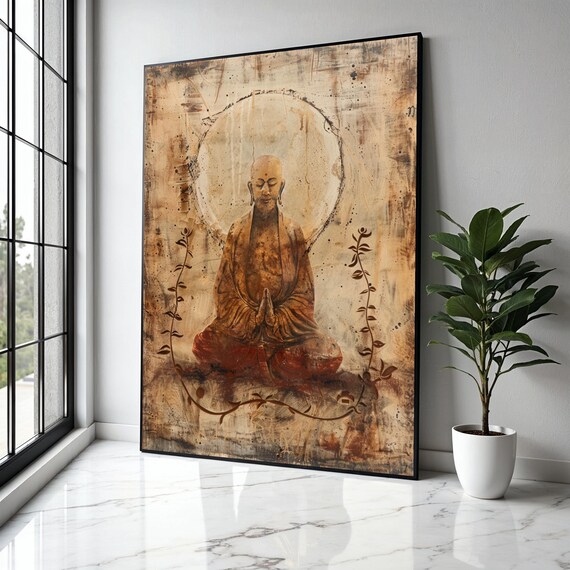 Praying Monk With Halo Sacred Aged Parchment Rustic Zen Poster