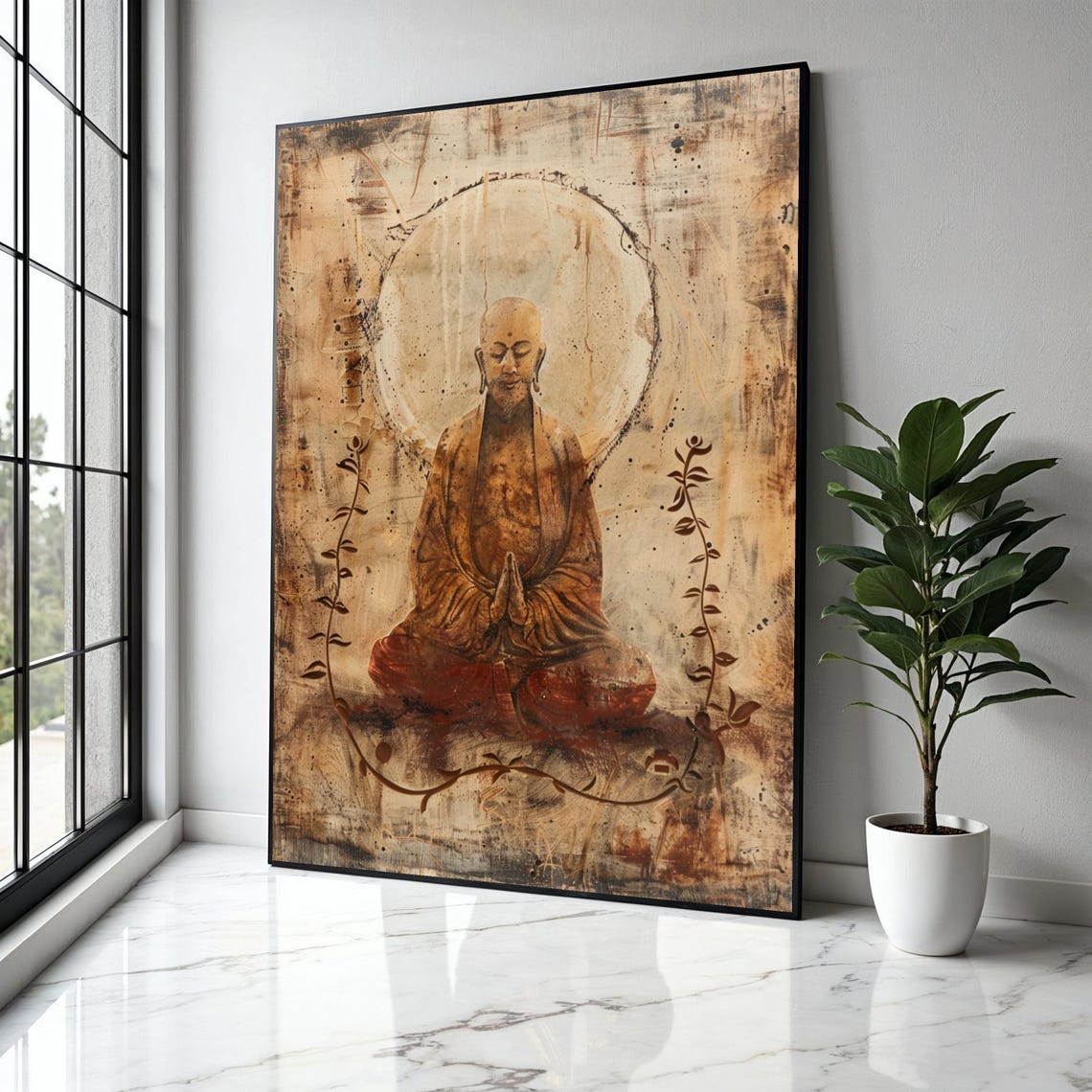 Praying Monk With Halo Sacred Aged Parchment Rustic Zen Poster
