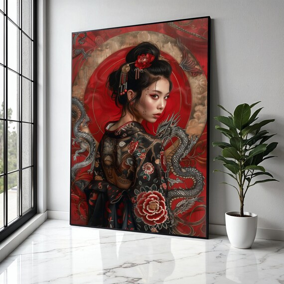 Elegant Japanese Geisha Portrait Canvas Red Floral Kimono Wall Art Asian Dragon Design Modern Ethnic Gift Home Decor Print
