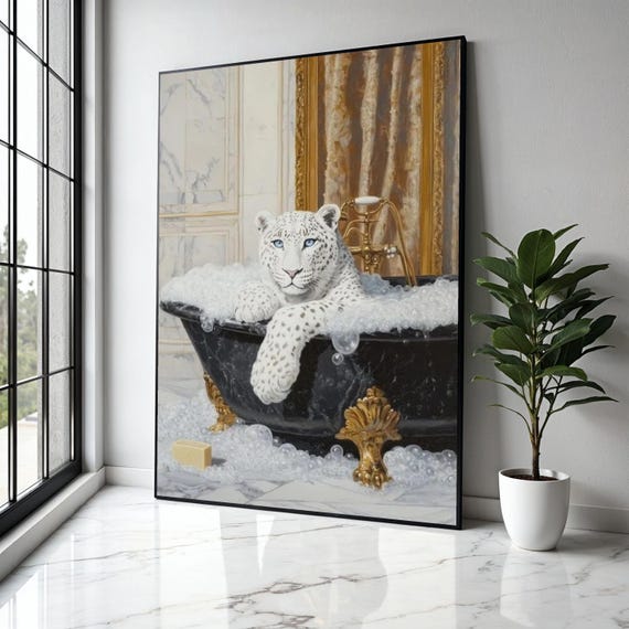 Elegant Snow Leopard Relaxing In Bathtub Canvas Luxury Animal Wall Art Modern Wildlife Bathroom Decor Unique Gift Home Print
