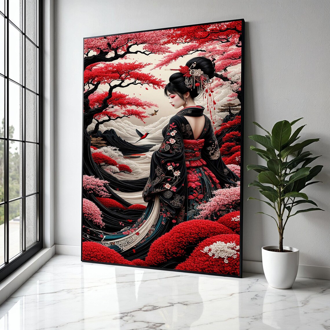 Geisha in Black Kimono Red Maple Trees Waves Birds Japanese Art Poster