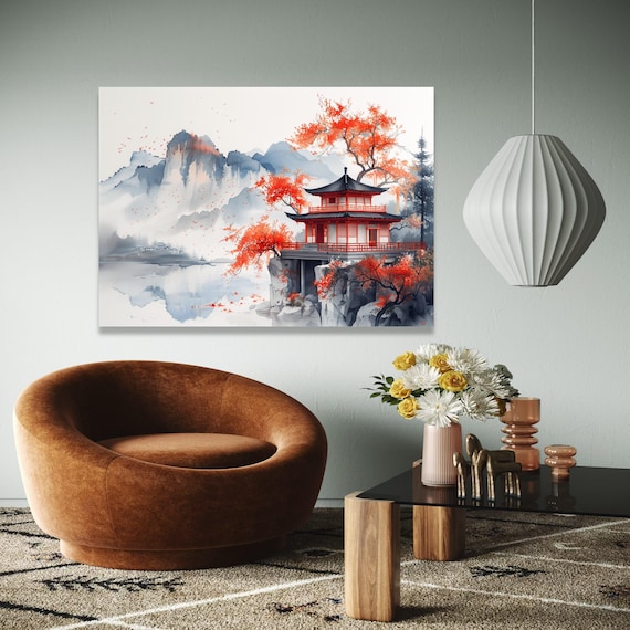 Japanese Pagoda Red Maple Mountains Autumn Watercolor Scenic Poster