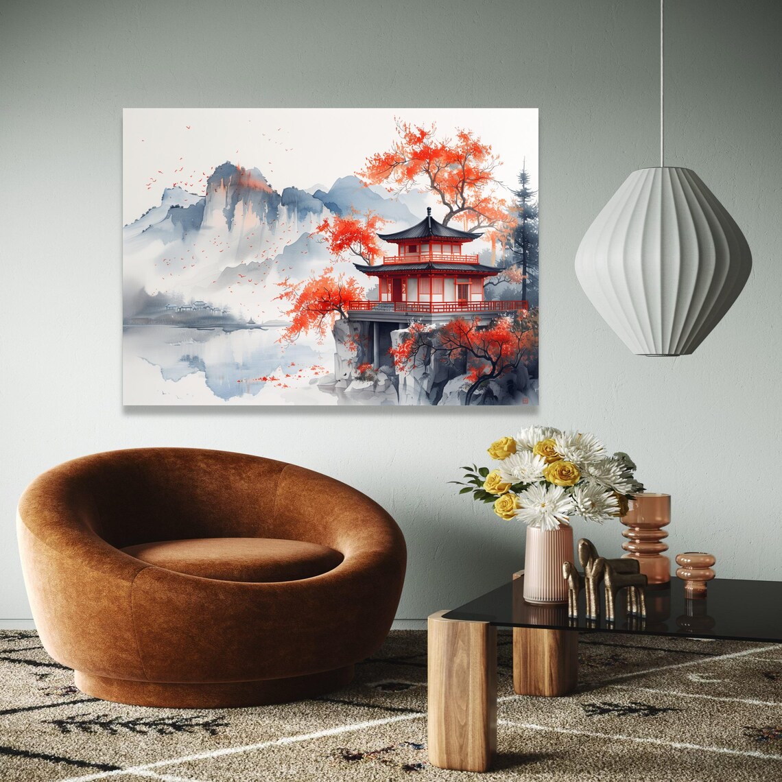 Japanese Pagoda Red Maple Mountains Autumn Watercolor Scenic Poster