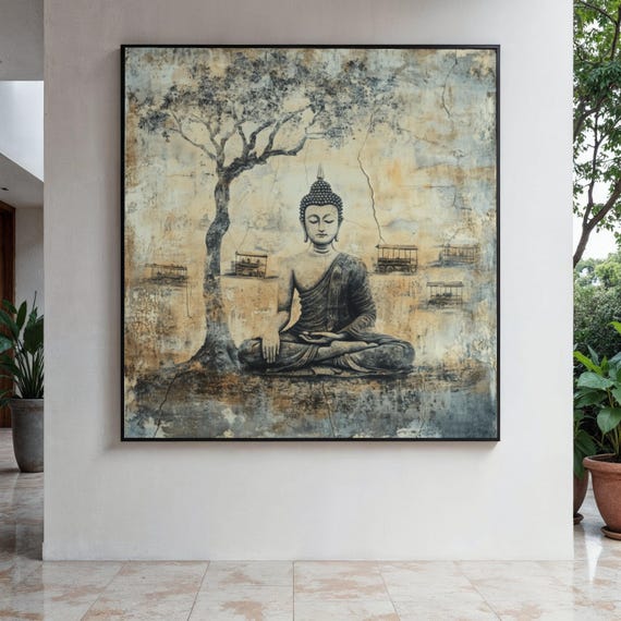 Meditating Buddha Canvas Wall Art Zen Spiritual Decor Rustic Tree And Statue Painting Tranquil Gift Home Print