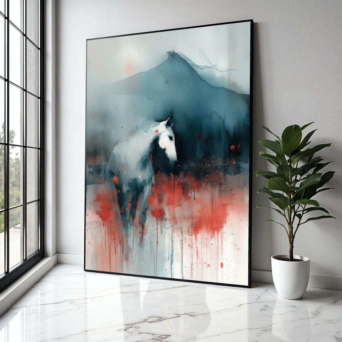 White Horse In Misty Teal Mountains Watercolor Splashes Poster
