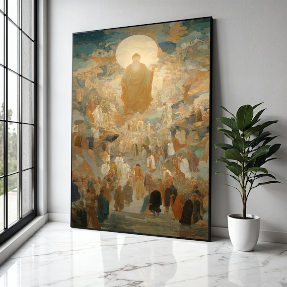 Buddha Ascending Through Golden Clouds Over A Crowd Impressionist Art Poster