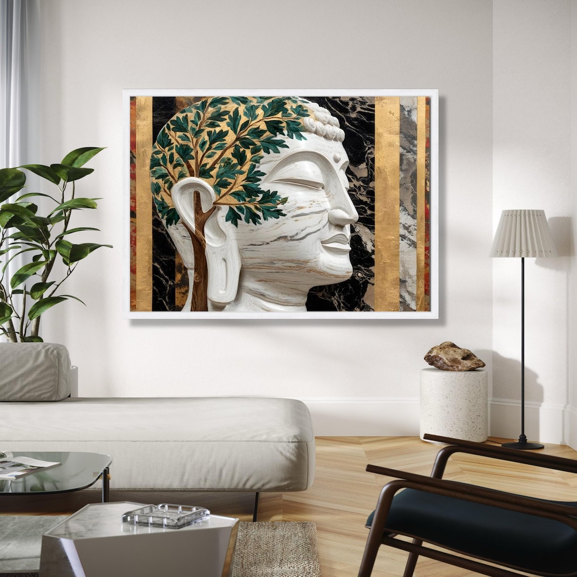 White Marble Buddha Profile With Tree Of Life And Gold Marble Poster