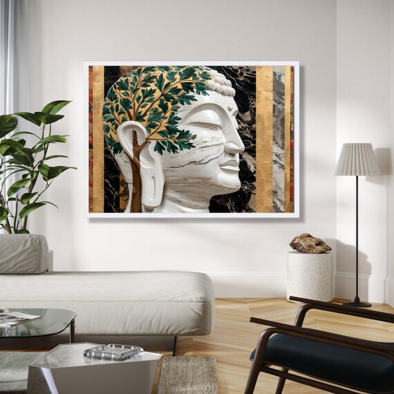 White Marble Buddha Profile With Tree Of Life And Gold Marble Poster