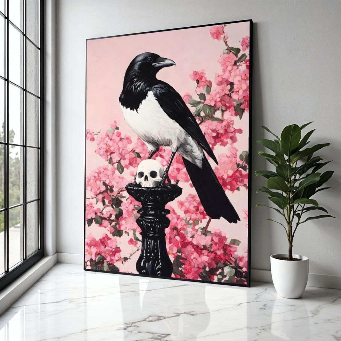 Black And White Magpie On Skull Gothic Pink Cherry Blossom Poster
