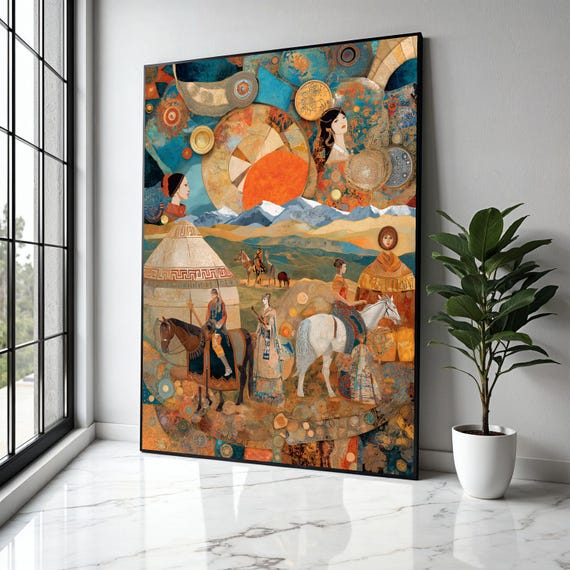 Nomadic Life Scene Canvas Ethnic People On Horses Wall Art Traditional Culture Illustration Mountain Gift Home Decor Print