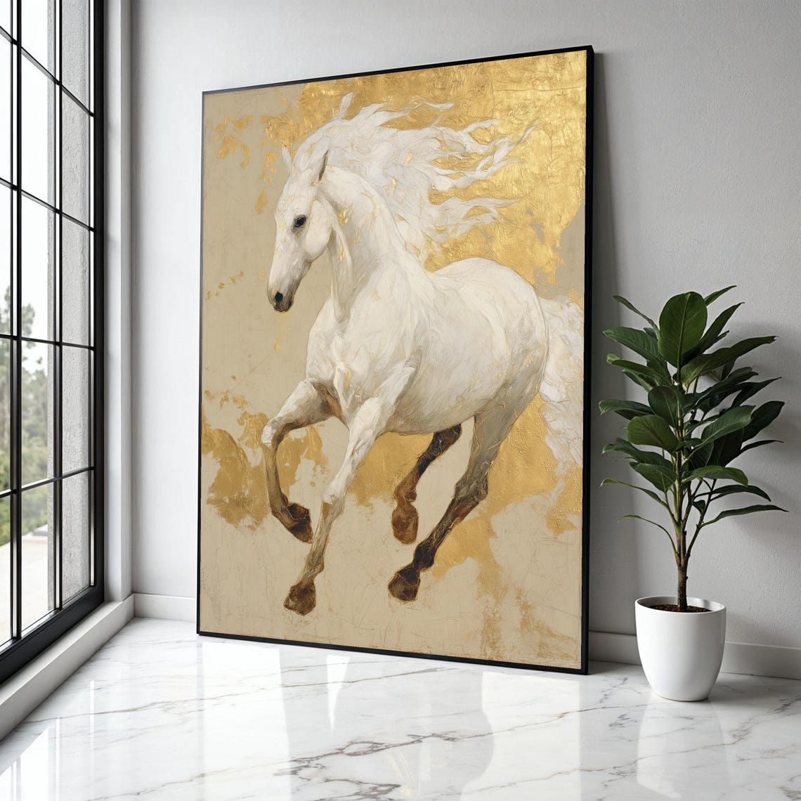 Majestic White Horse Galloping With Gold Leaf Accent Wall Art
