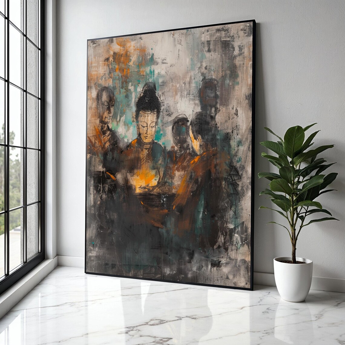 Abstract Buddha And Monks Group Ochre Teal Art Painting Poster