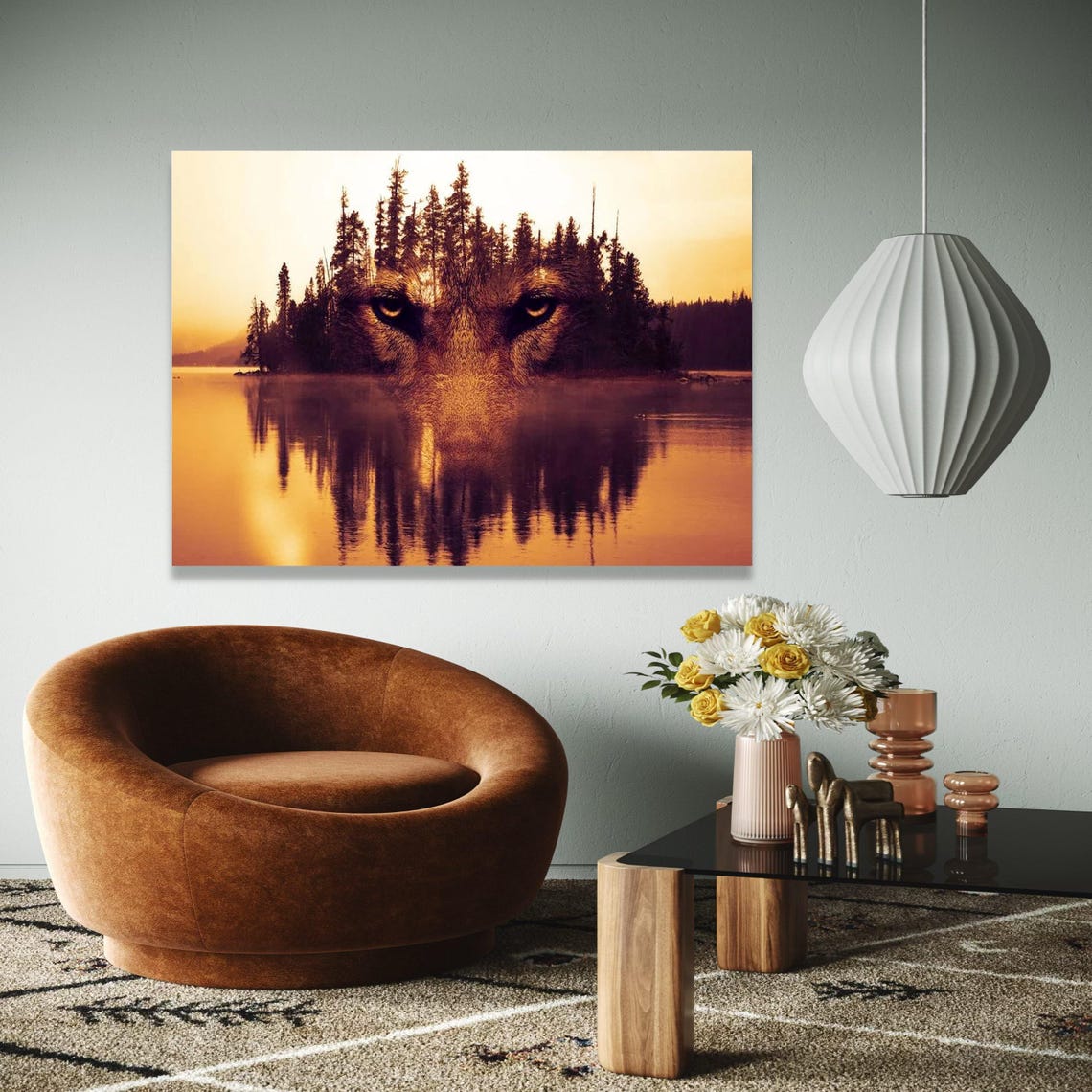 Wolf Face Forest Lake Sunset Double Exposure Wildlife Poster