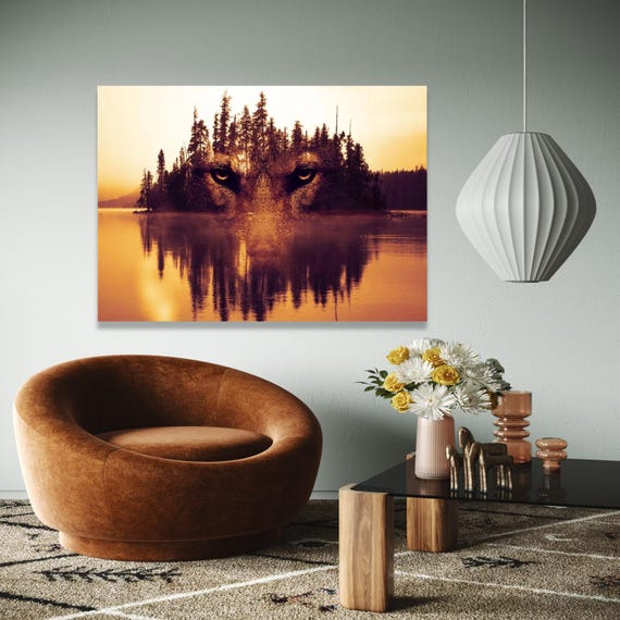 Majestic Wolf Face Double Exposure Forest Canvas Nature Reflection Wall Art Wildlife Decor Mystical Gift Home Print