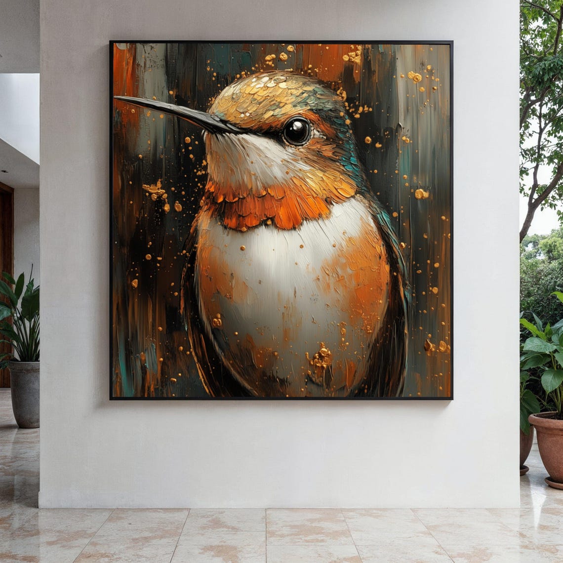 Hummingbird Portrait Copper Oil Painting Dark Background Poster