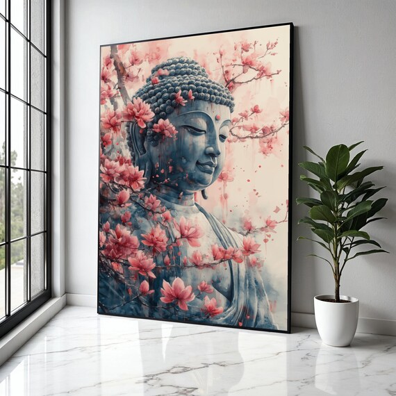 Buddha Face Among Pink Cherry Blossoms Watercolor Art Poster