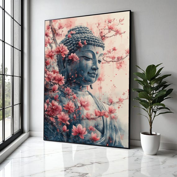 Serene Buddha Statue Canvas Wall Art With Cherry Blossoms Zen Meditation Decor Spiritual Asian Tranquil Gift Home Print