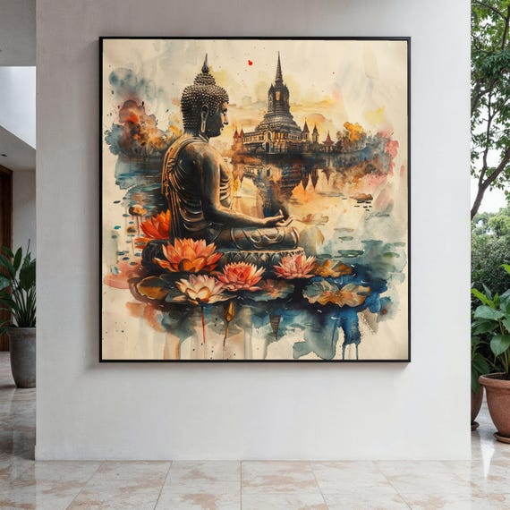 Serene Buddha Meditation Canvas Pond Wall Art Thai Temple Watercolor Painting Spiritual Decor Zen Home Gift Print
