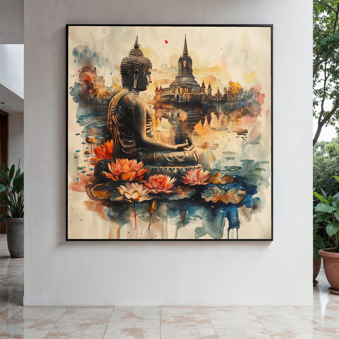 Bronze Buddha Watercolor Temple Reflection Lotus Pond Poster