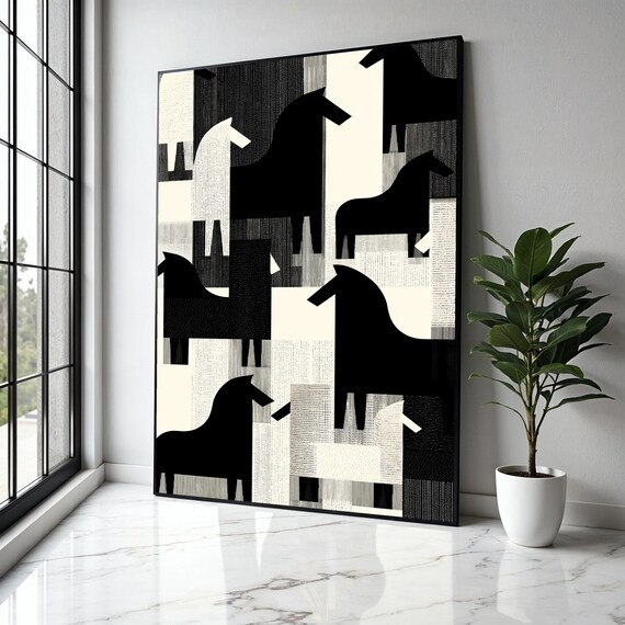 Abstract Black And White Horses Canvas Modern Geometric Animal Wall Art Scandinavian Style Home Decor Gift Print