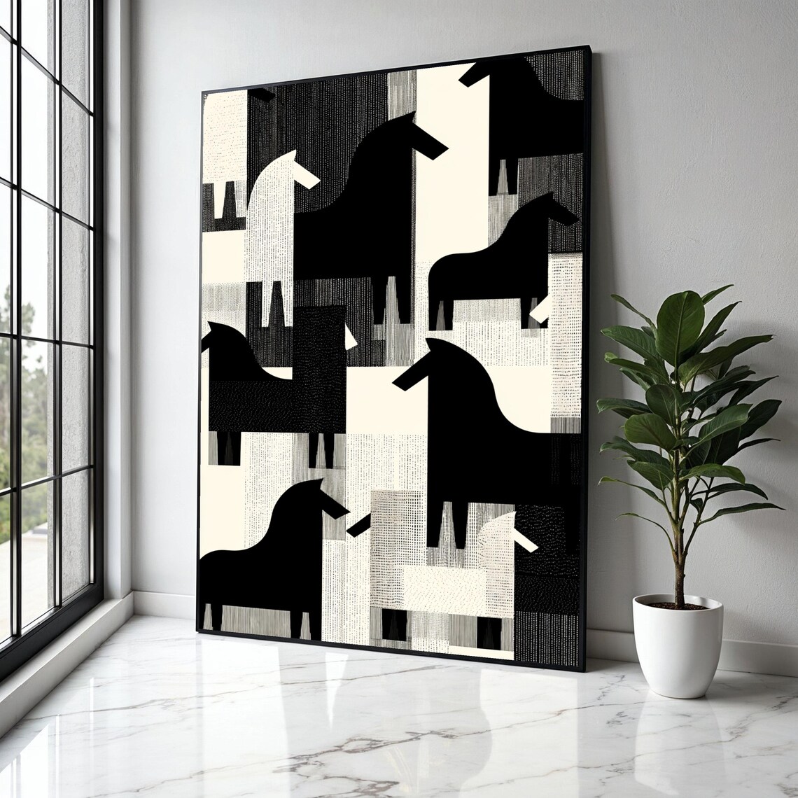 Black And White Geometric Horse Silhouettes Modern Art Poster