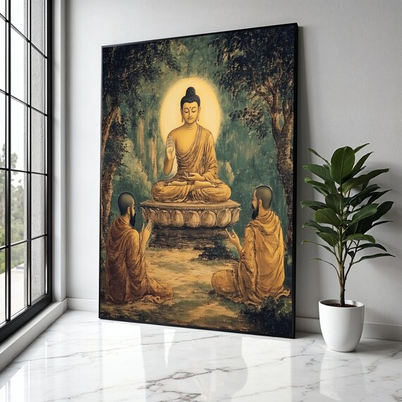 Buddha Blessing Two Kneeling Monks Forest Lotus Throne Poster
