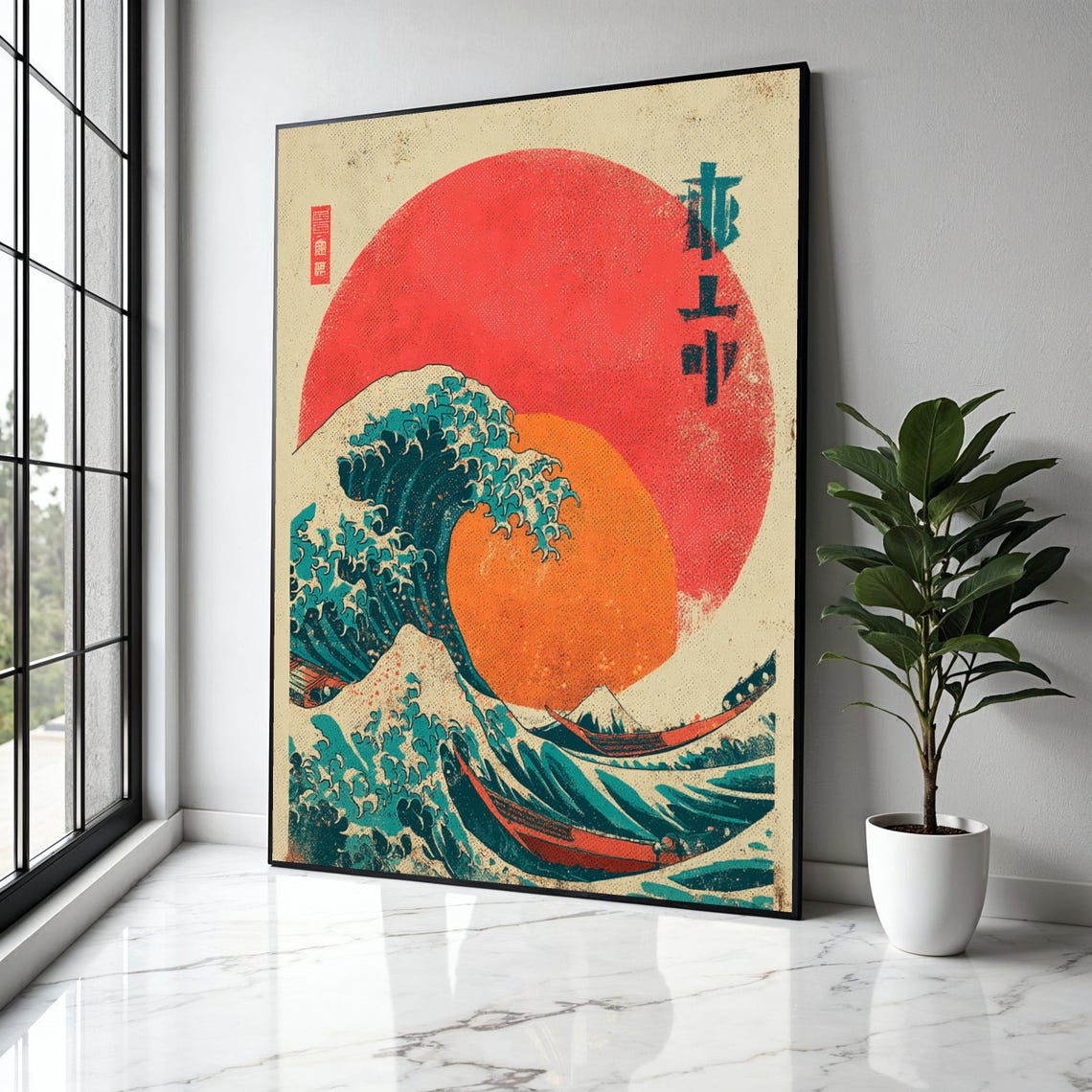 Great Wave Before Giant Red Sun Japanese Woodblock Style Poster