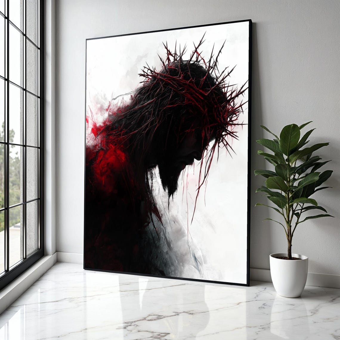Christ Crown Of Thorns Silhouette Dramatic Red Black Abstract Poster