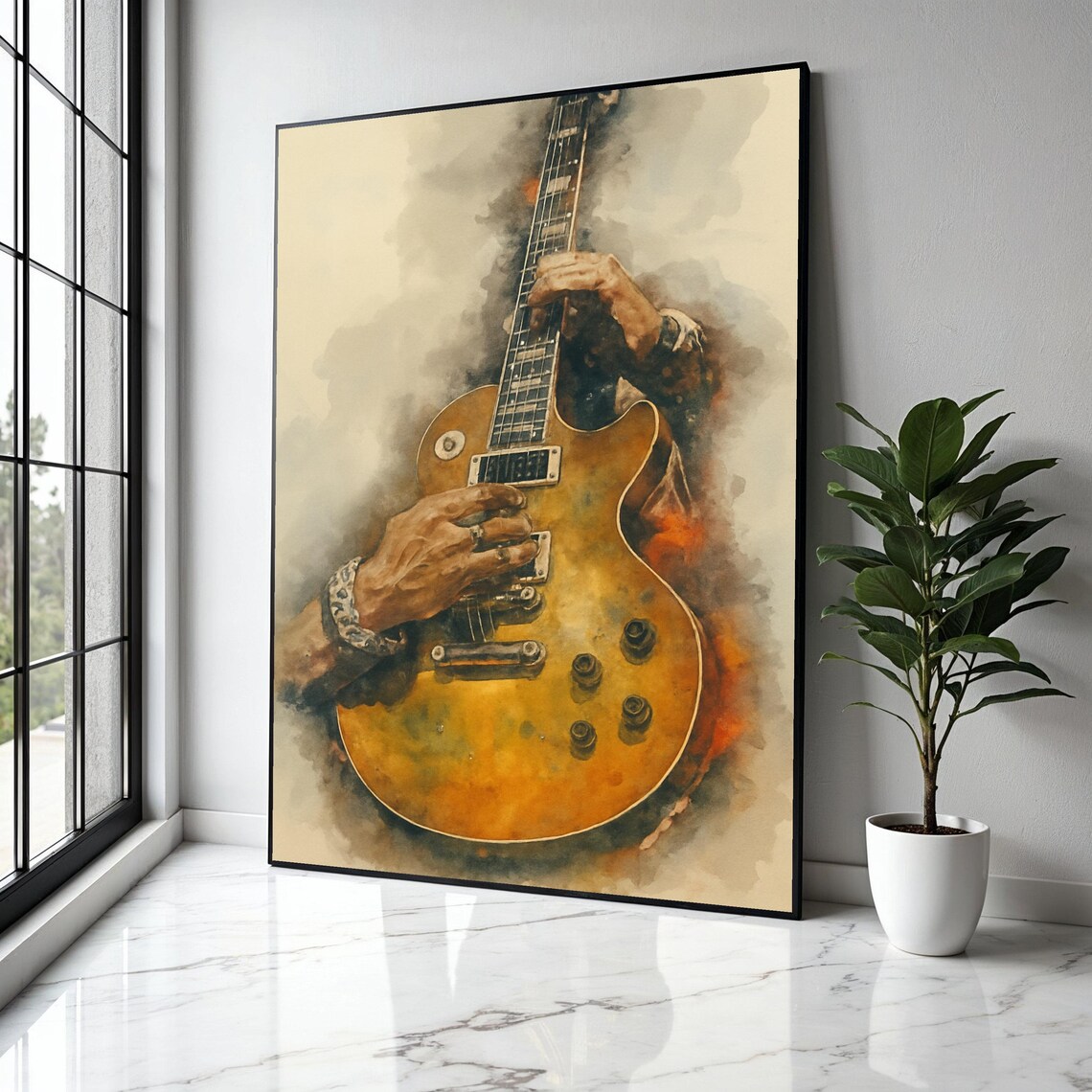 Hands Playing Sunburst Electric Guitar Watercolor Music Poster