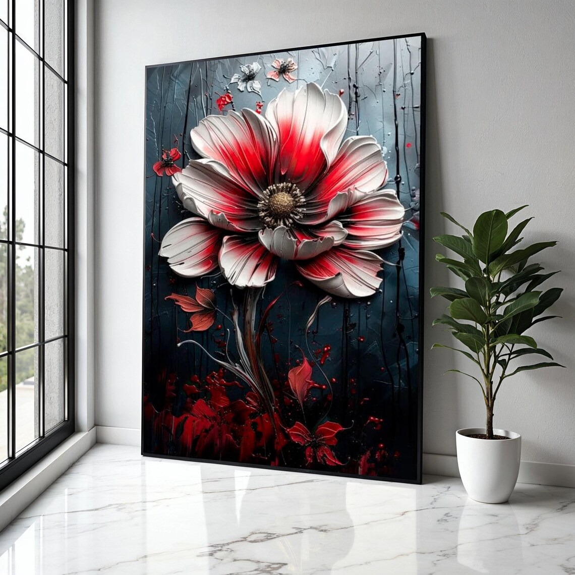 Large Red and White Blossom Dramatic Dark Floral Oil Painting Poster