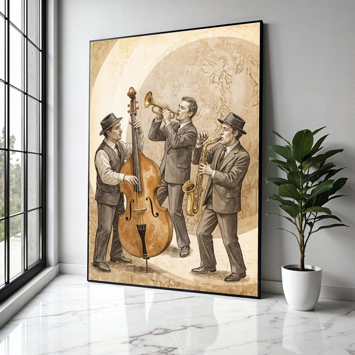 Vintage Jazz Trio With Bass Trumpet And Saxophone Sketch Poster