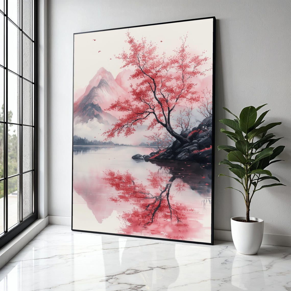 Red Maple Tree Lakeside Mountain Reflection Japanese Landscape Poster