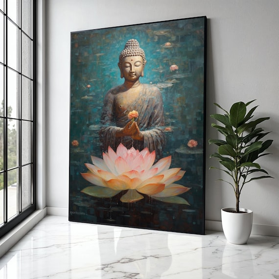 Buddha Holding Lotus Flower in Teal Lily Pond Pink Art Poster