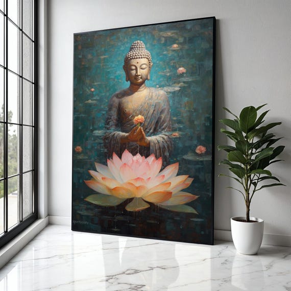 Serene Buddha Meditation Canvas Flower Painting Spiritual Wall Art Zen Home Decor Mindfulness Gift Print
