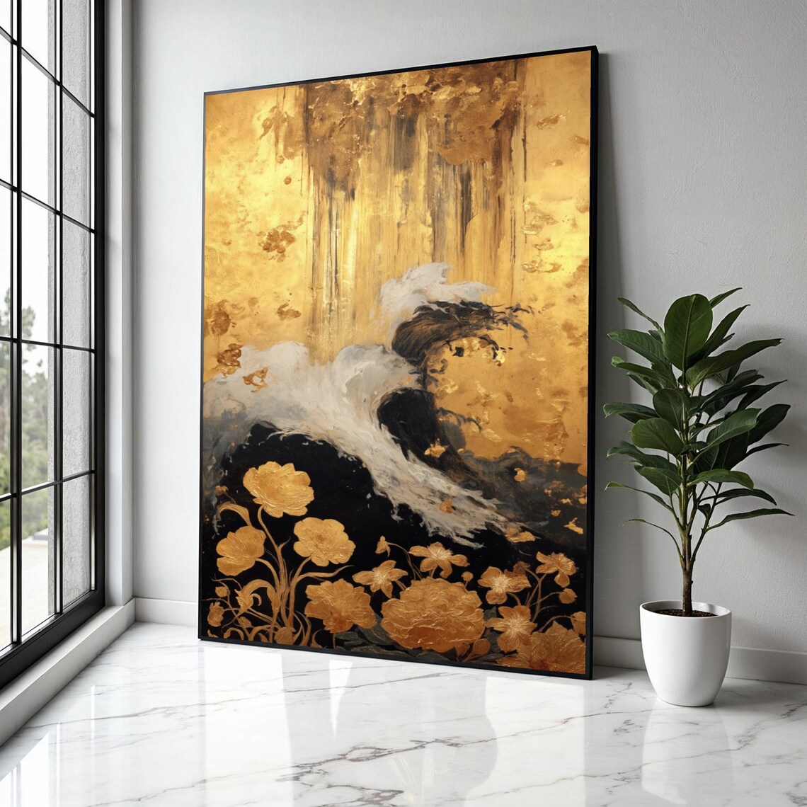 Golden Wave Floral Woman Black Gold Abstract Elegant Art Poster