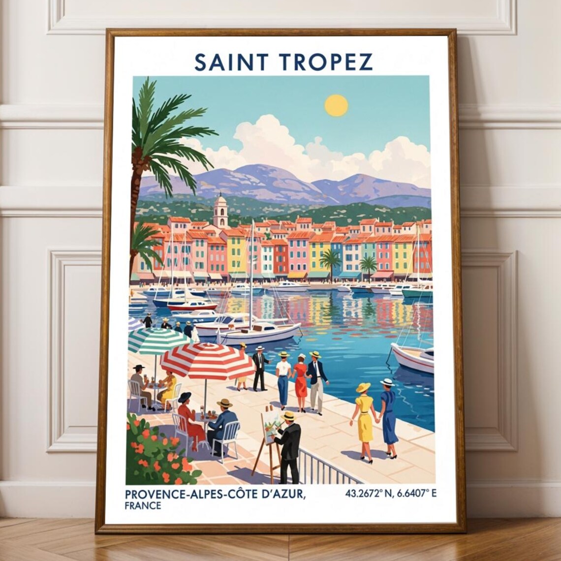 Saint Tropez Harbor Vintage Gouache Poster Blue Pink Yellow Green And Red Art French Riviera Travel Decor Living Room Office