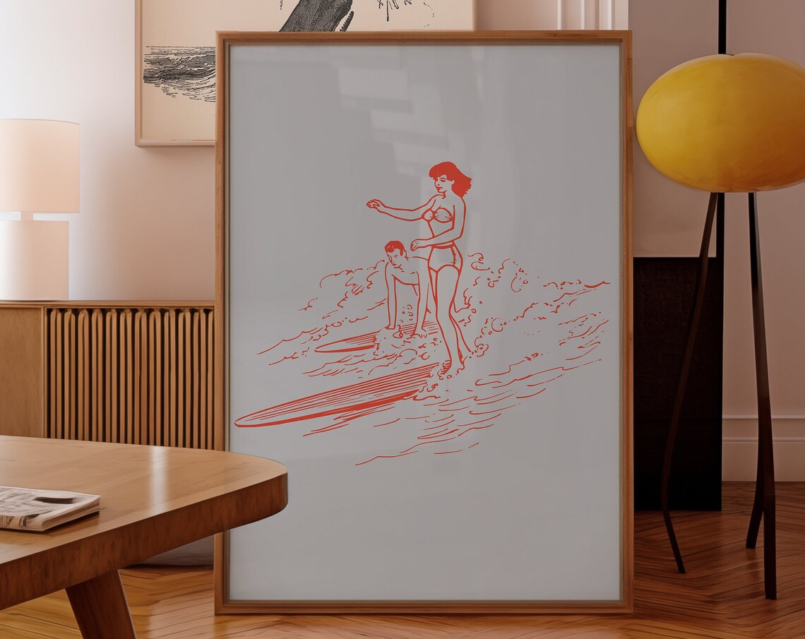 Retro Surf Girl Riding a Wave in Red Vintage Line Art Poster