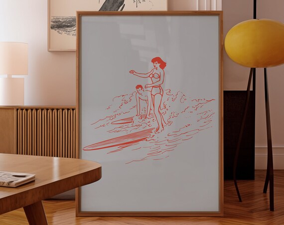 Retro Surf Girl Riding a Wave in Red Vintage Line Art Poster