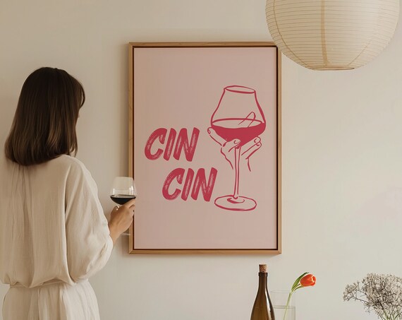 Cin Cin Red Wine Glass Pink Bar Cart Trendy Feminine Decor Poster