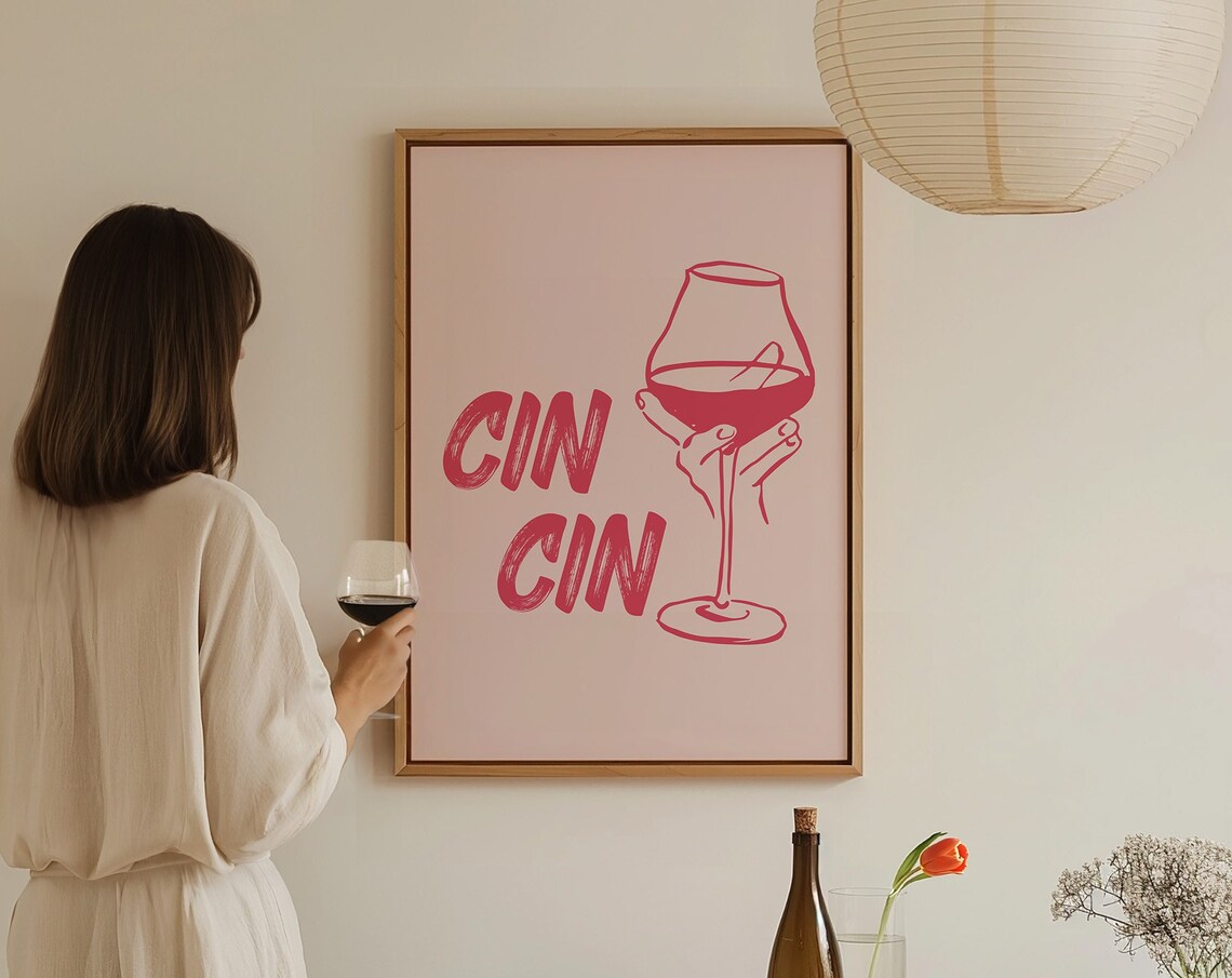 Cin Cin Red Wine Glass Pink Bar Cart Trendy Feminine Decor Poster