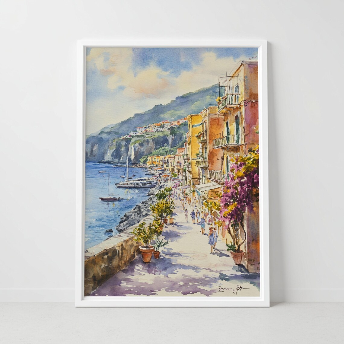 Sorrento Italy Seaside Promenade Watercolor Boats Scene Poster
