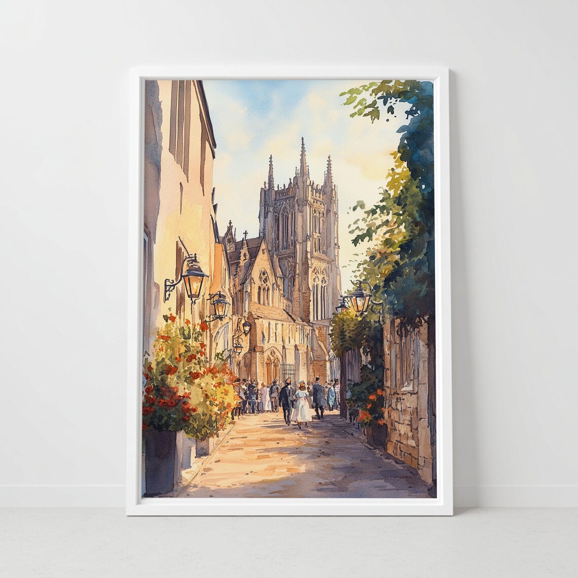 Canterbury England Cathedral Cobblestone Street Watercolor Art Poster