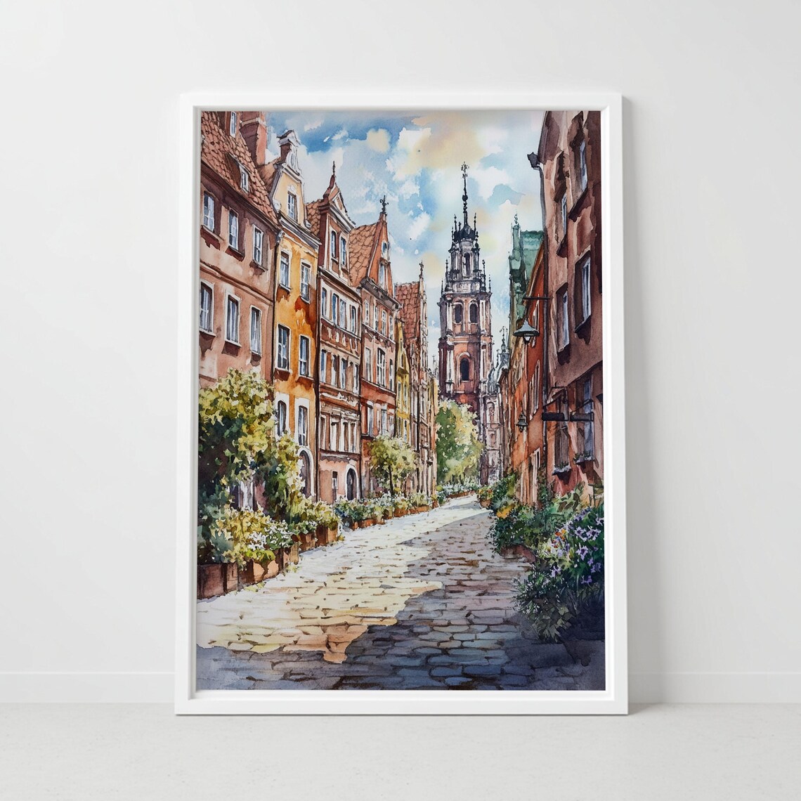 Gdansk Poland Watercolor Old Town Cobblestone Street Church Art Poster