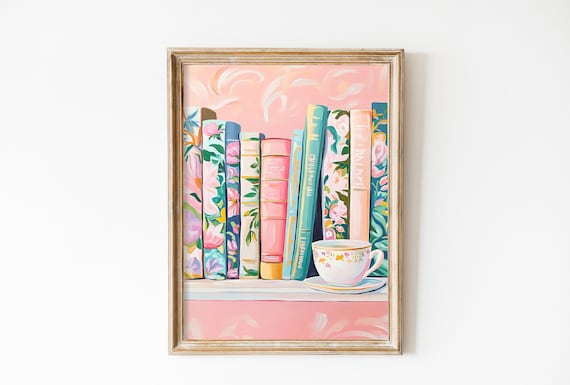 Pastel Floral Bookshelf with Teacup Pink Reading Nook Artwork Poster