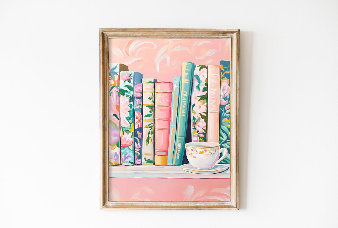 Pastel Floral Bookshelf with Teacup Pink Reading Nook Artwork Poster