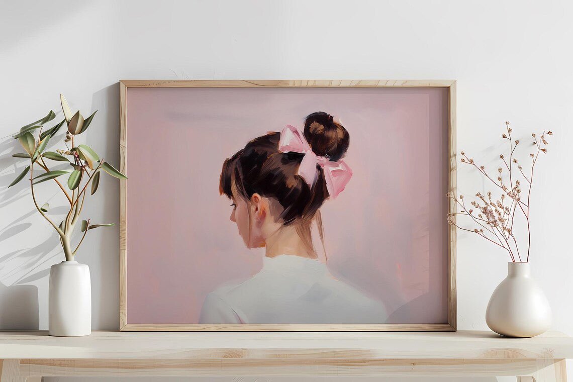 Woman Pink Hair Bow Bun Coquette Soft Girl Room Painting Poster - Image 3